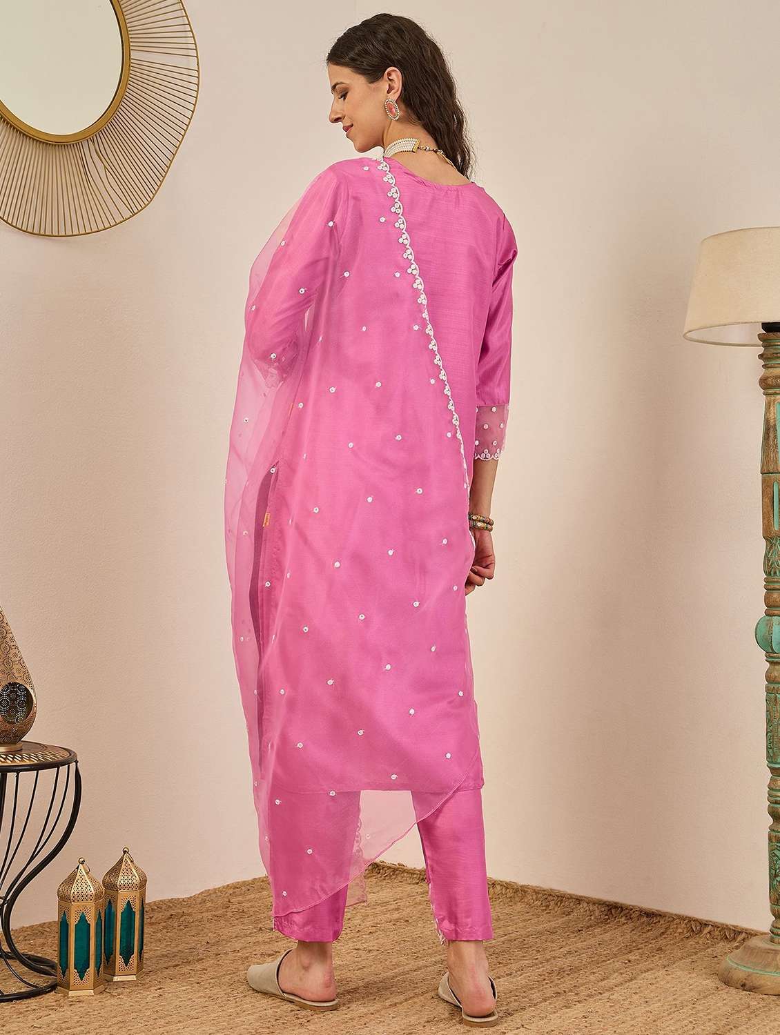 women solid with work three quarter sleeve kurta pant with dupatta set - 22322676 -  Standard Image - 2