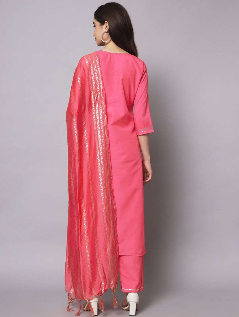 women solid with work three quarter sleeve kurta pant with dupatta set - 22322681 -  Standard Image - 2