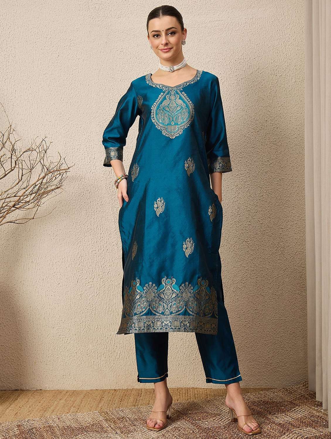 Women Self Design Three Quarter Sleeve Kurta Pant With Dupatta Set - 22322682 -  Standard Image - 2