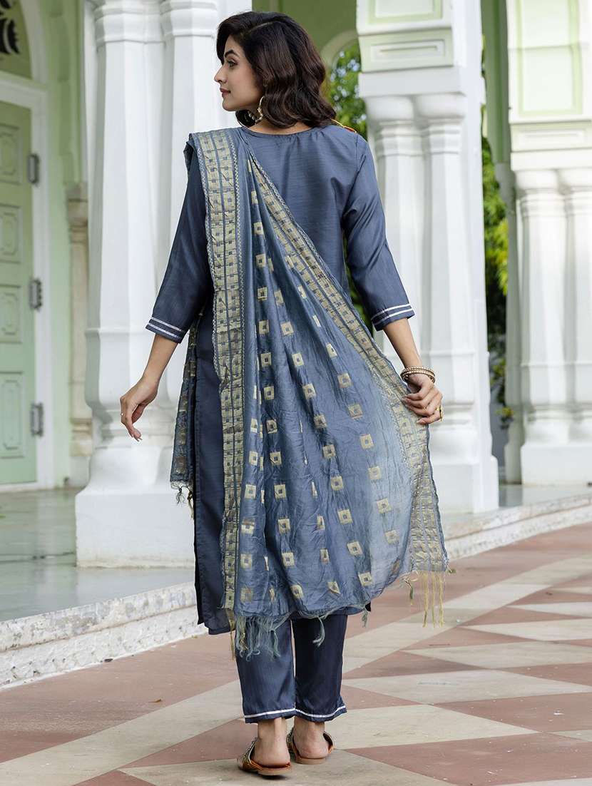 women solid with work three quarter sleeve kurta pant with dupatta set - 22322685 -  Standard Image - 2