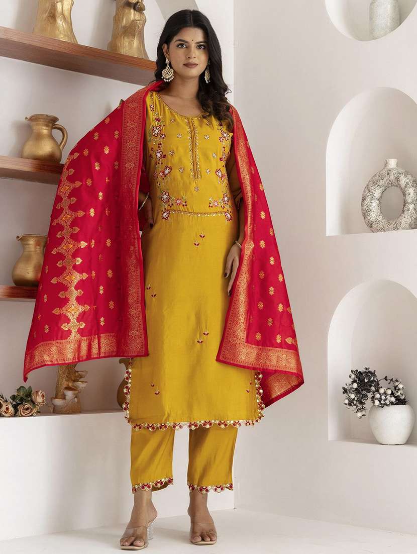 women solid with work three quarter sleeve kurta pant with dupatta set - 22322691 -  Standard Image - 2