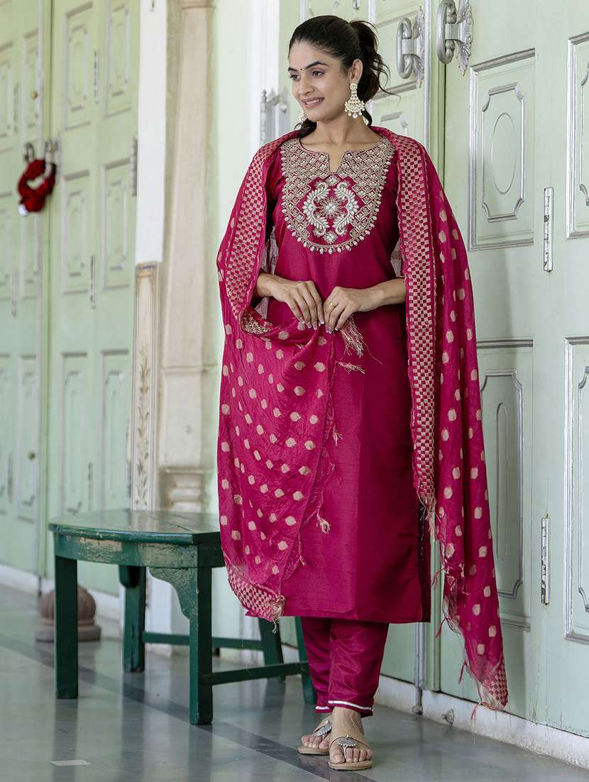 women solid with work three quarter sleeve kurta pant with dupatta set - 22322696 -  Standard Image - 2