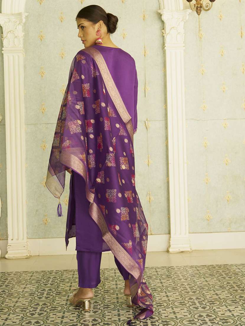 women solid with work three quarter sleeve kurta pant with dupatta set - 22322699 -  Standard Image - 2
