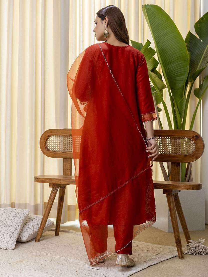 women solid with work three quarter sleeve kurta pant with dupatta set - 22322702 -  Standard Image - 2