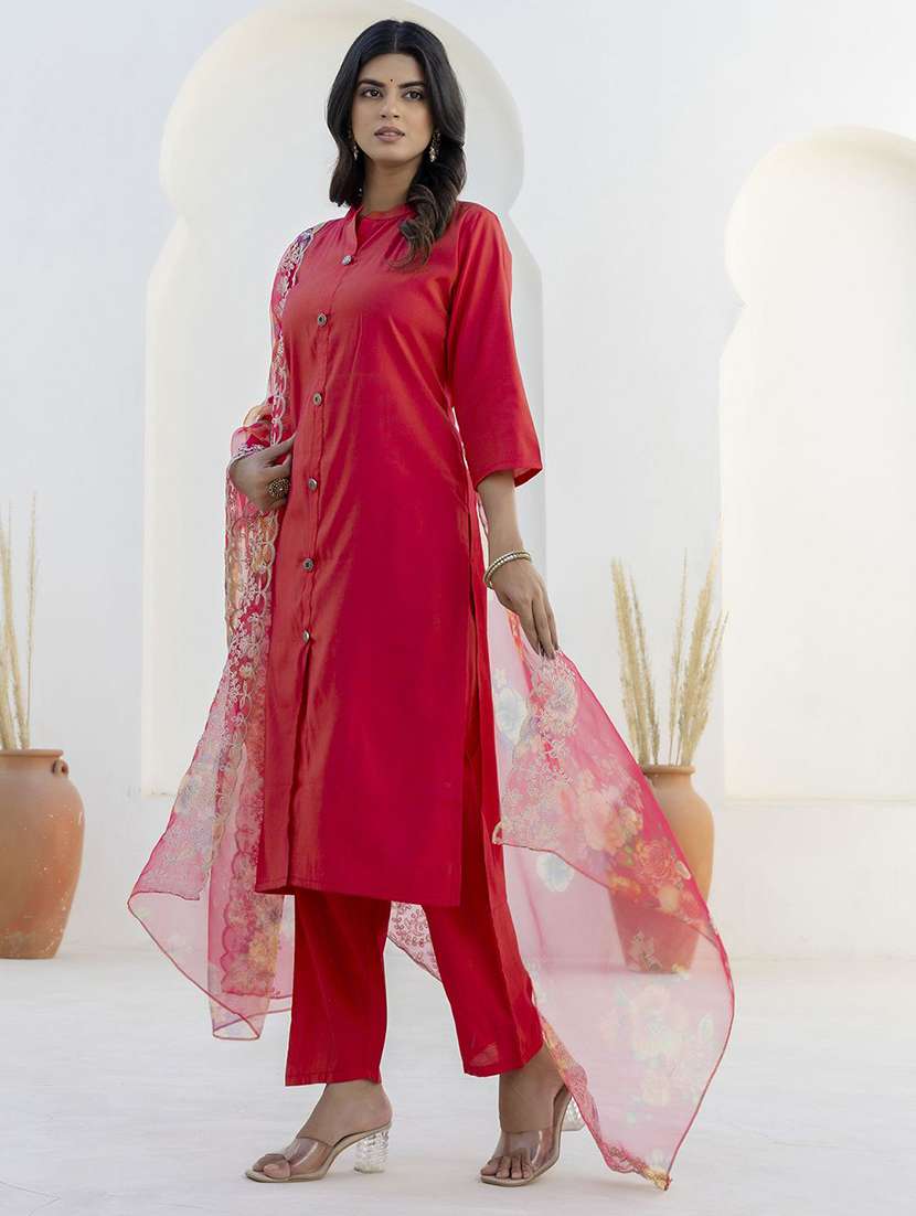 Women Solid Three Quarter Sleeve Kurta Pant With Dupatta Set - 22322877 -  Standard Image - 2