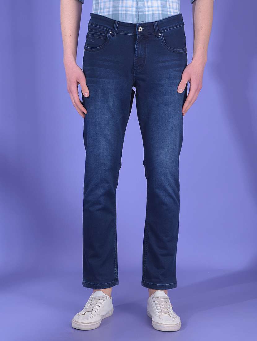 men washed mid rise full length jeans
