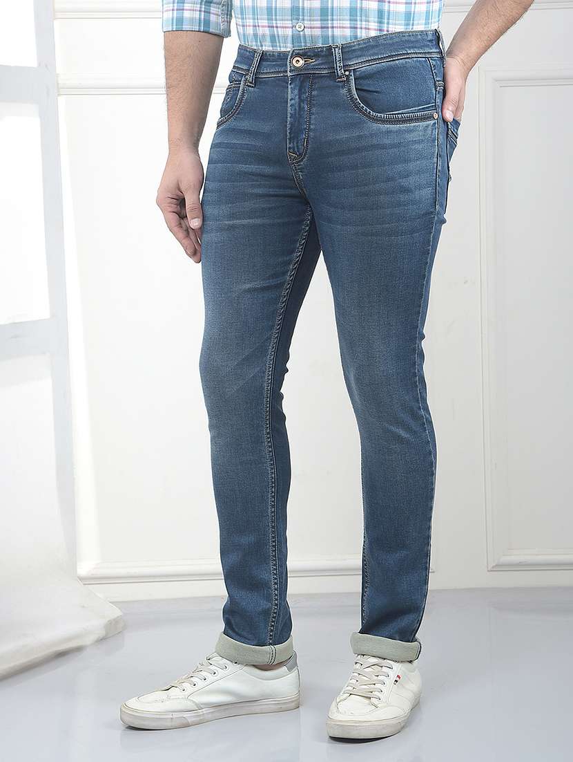 men washed mid rise full length jeans