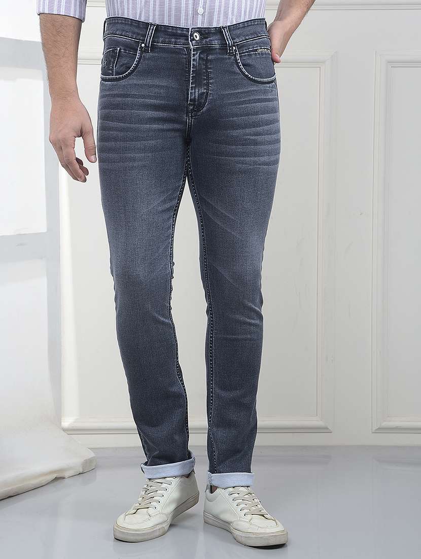 men washed mid rise full length jeans
