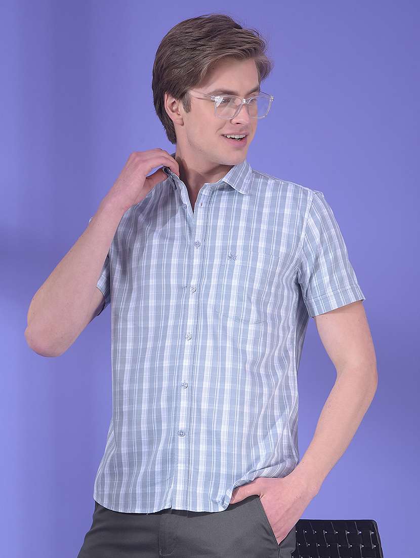 men checkered short sleeve slim fit casual shirt