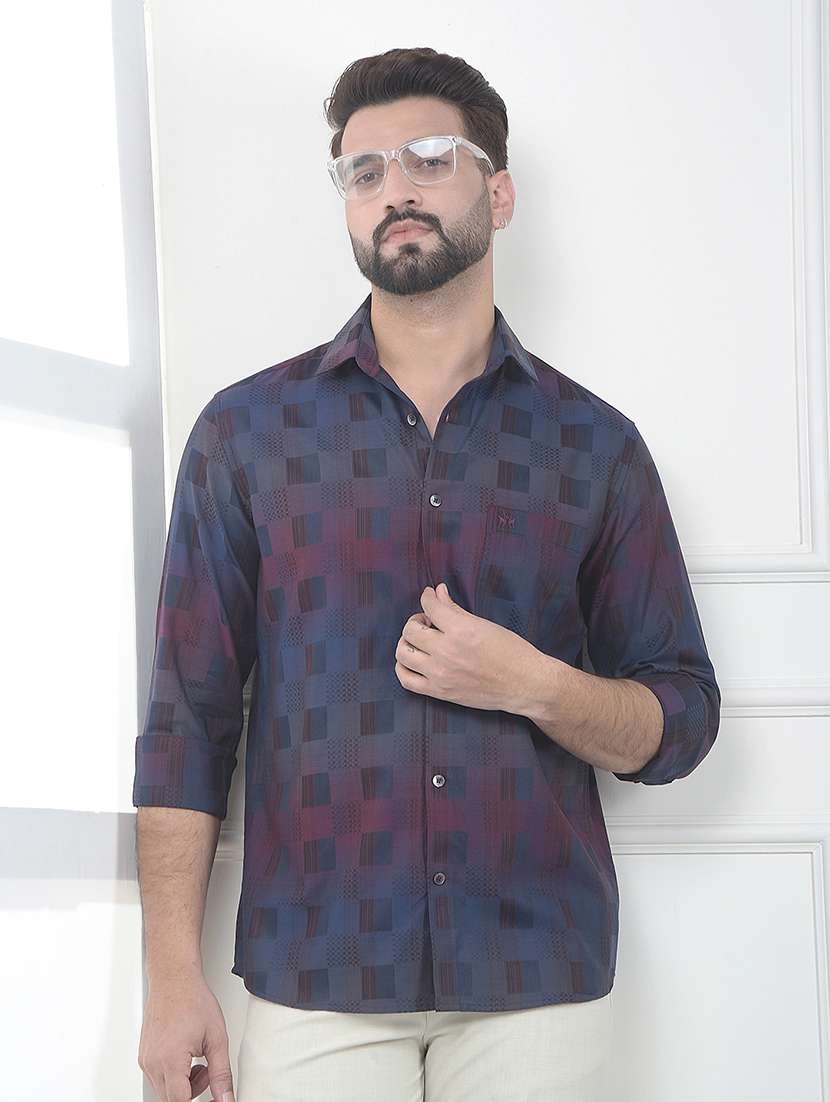 men self design long sleeve slim fit casual shirt