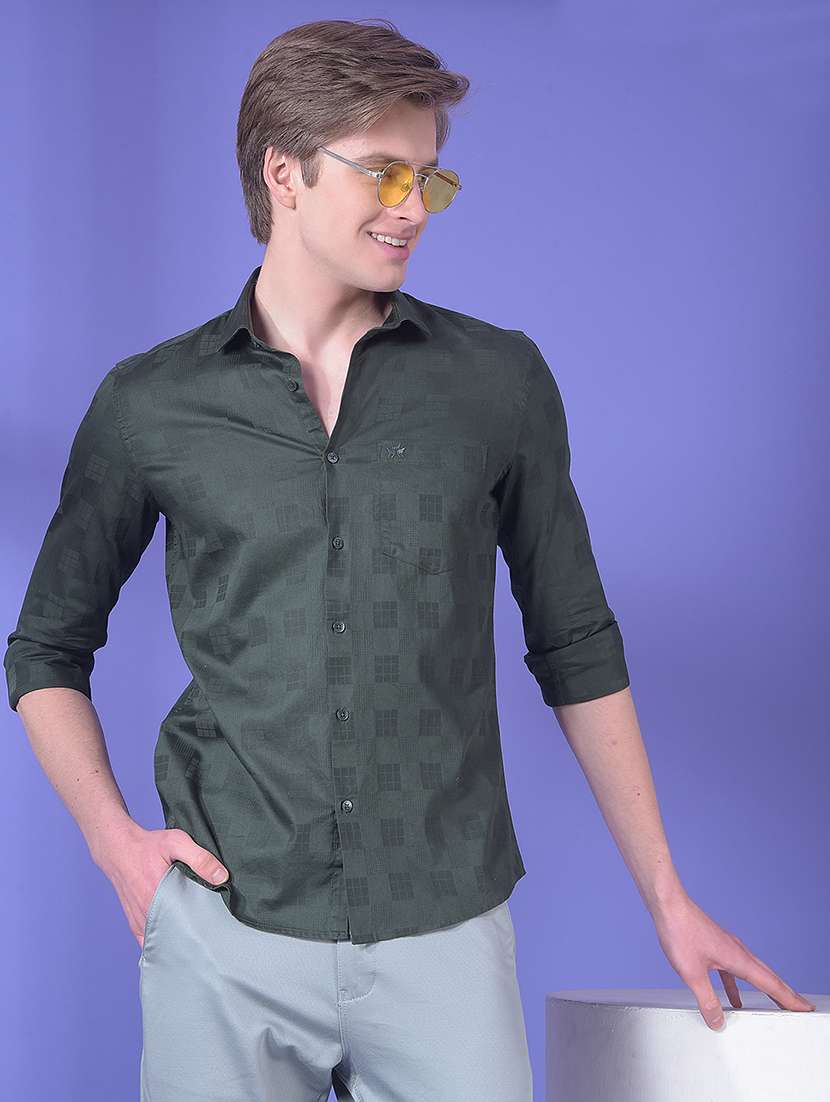 men self design long sleeve slim fit casual shirt