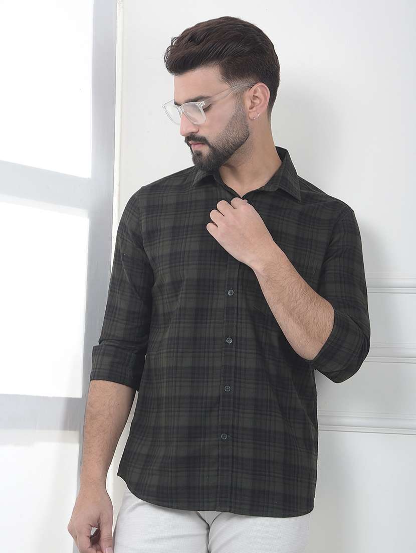 men checkered long sleeve slim fit casual shirt