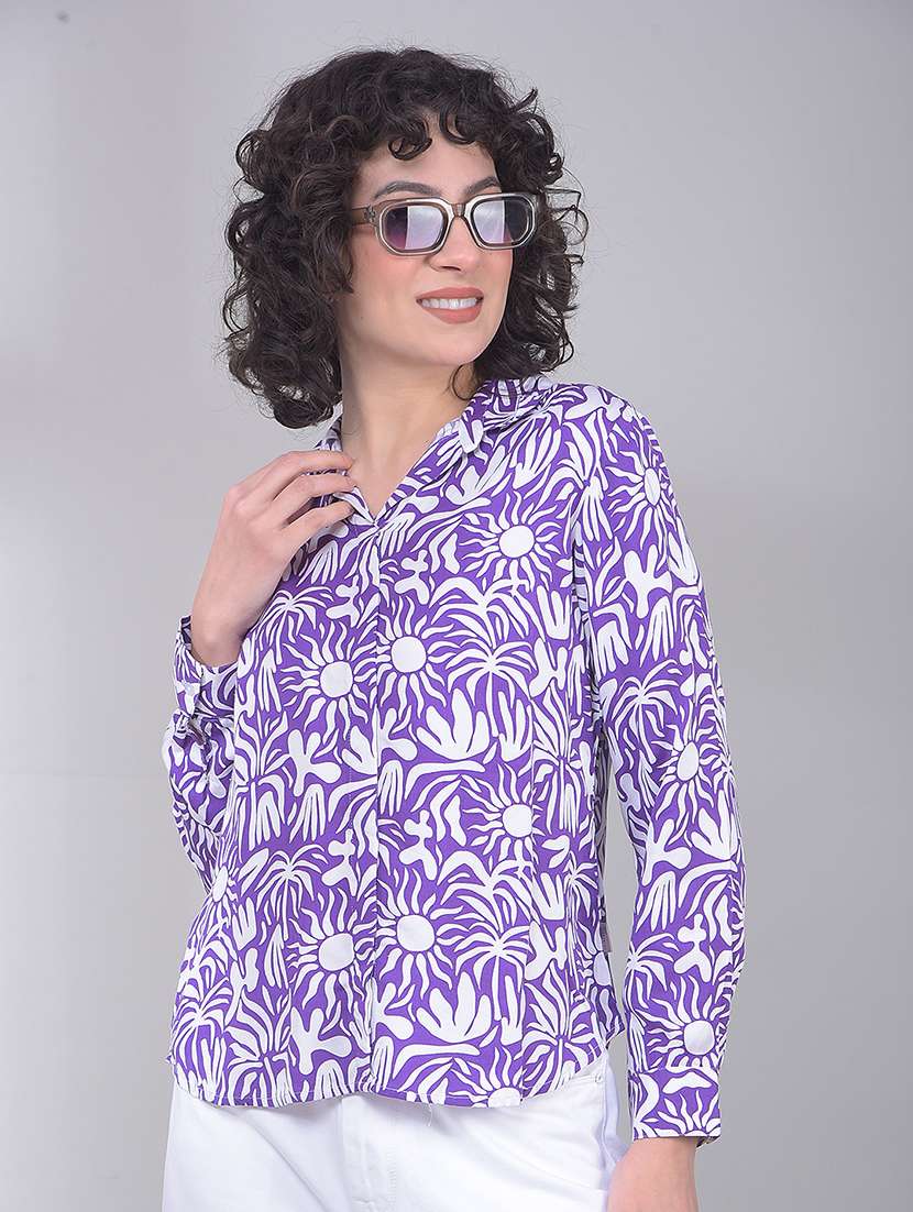 women printed collared long sleeve shirt