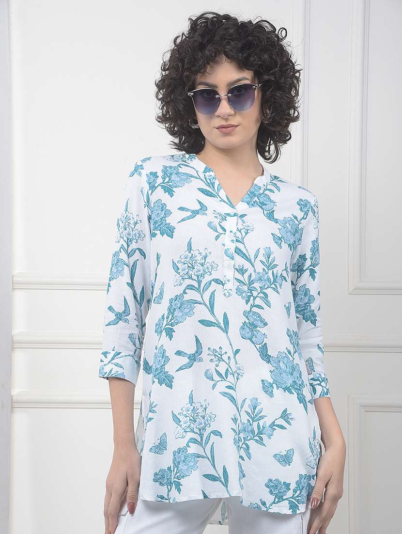 women floral print round neck high low tunic