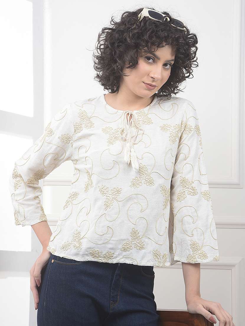 women embroidered three quarter sleeve top