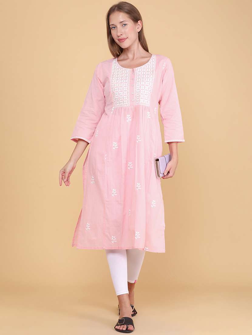 women embroidered three quarter sleeves straight kurta