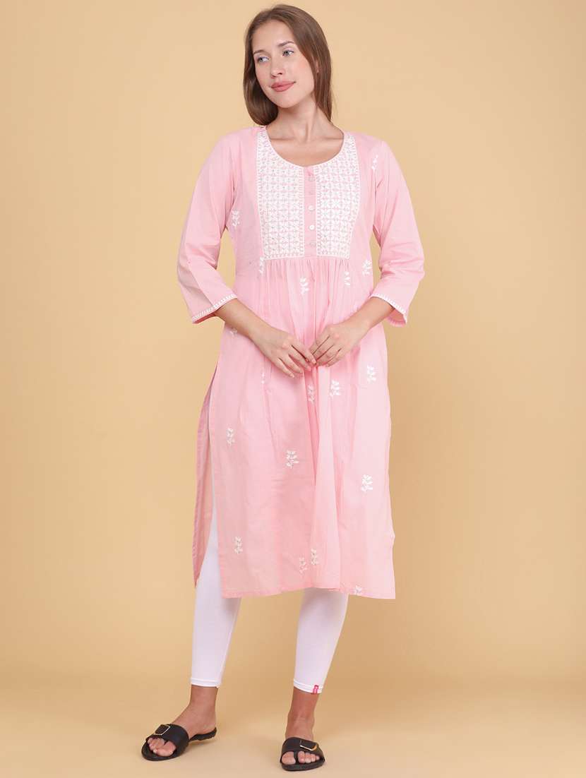 women embroidered three quarter sleeves straight kurta - 22323700 -  Standard Image - 2
