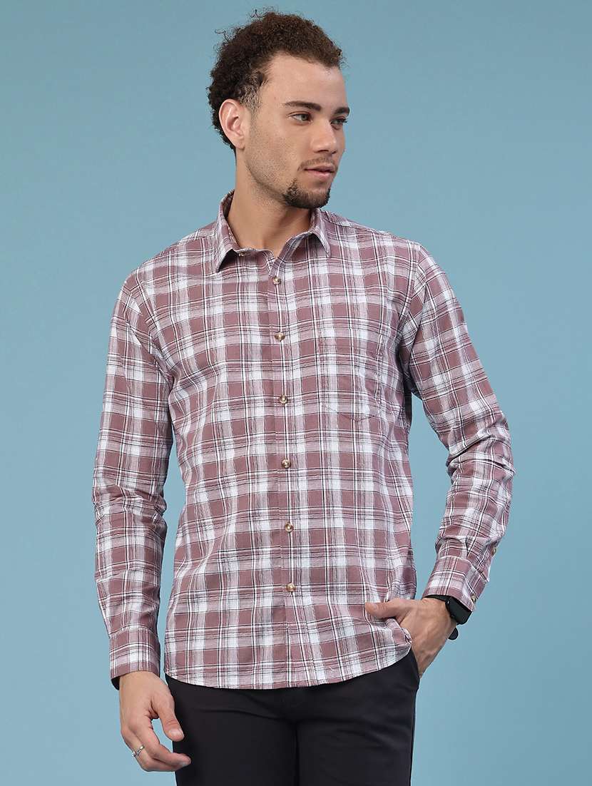 men checkered long sleeve slim fit casual shirt