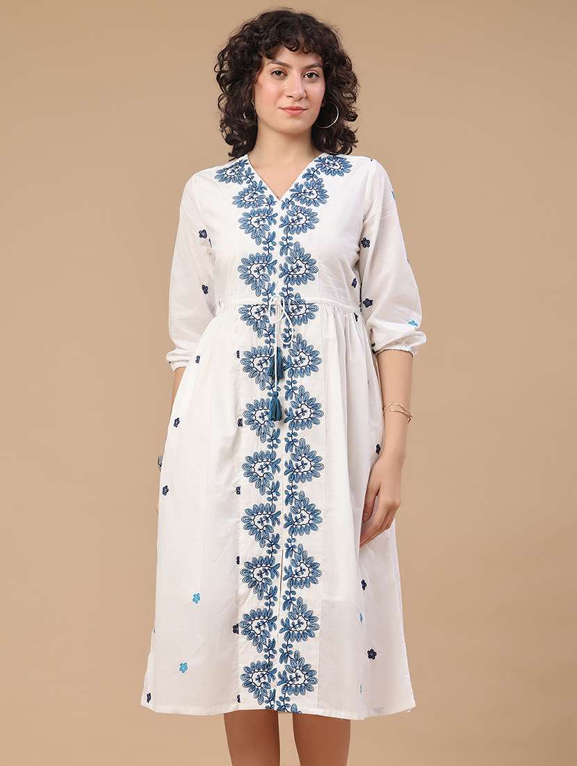 women embroidered three quarter sleeves a-line dress - 22324035 -  Standard Image - 2