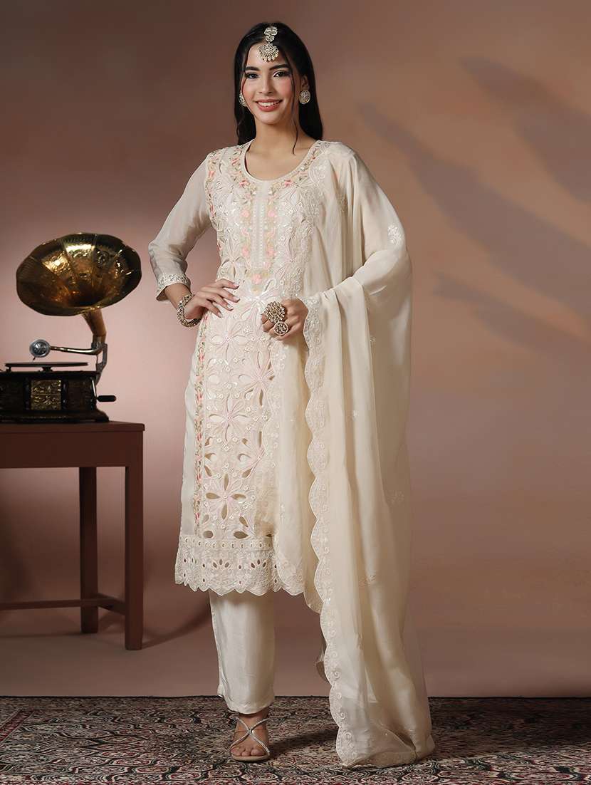women solid with work three quarter sleeve kurta pant with dupatta set - 22324129 -  Standard Image - 2
