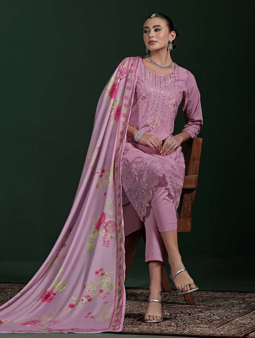 women solid with work three quarter sleeve kurta pant with dupatta set - 22324151 -  Standard Image - 2