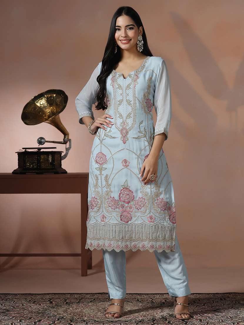 women solid with work three quarter sleeve kurta pant with dupatta set - 22324153 -  Standard Image - 2