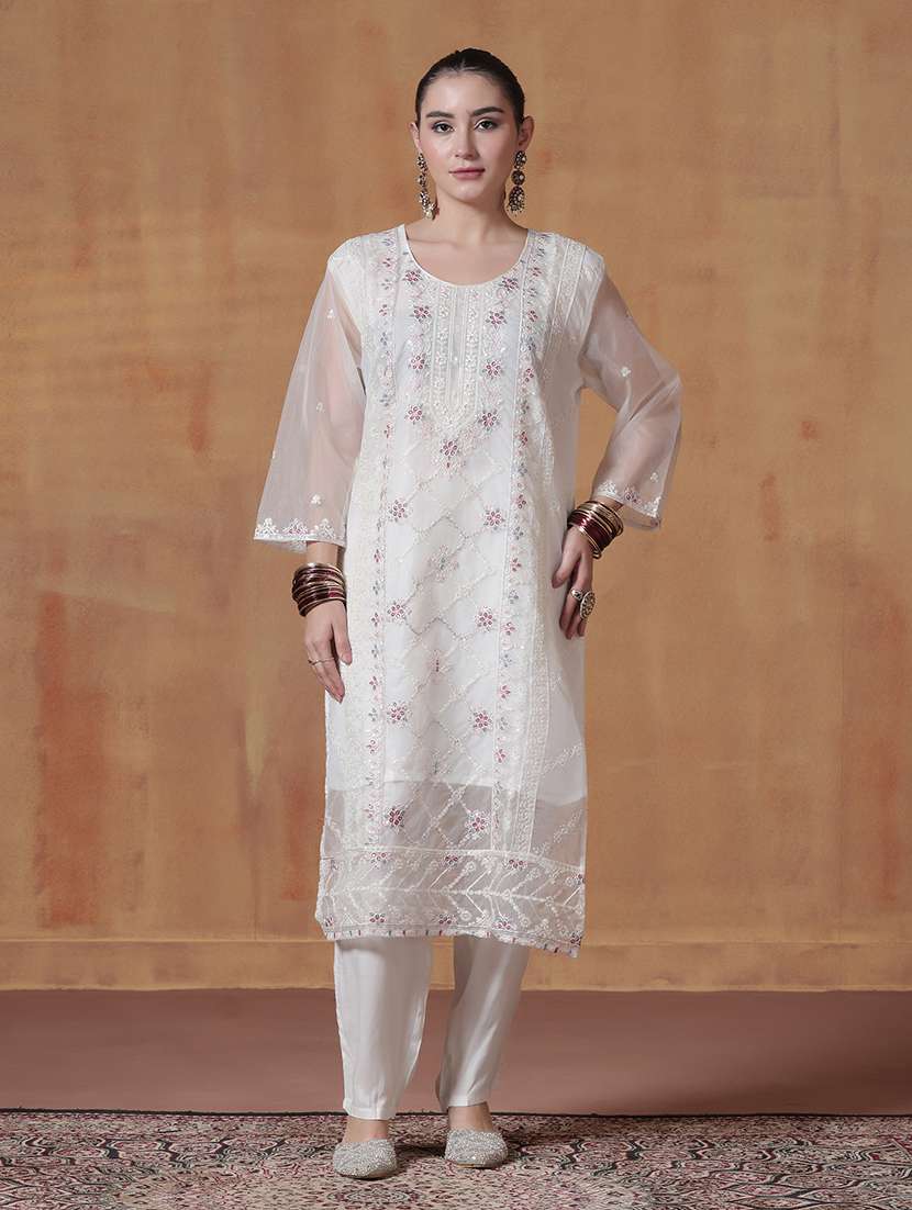 women solid with work three quarter sleeve kurta pant with dupatta set - 22324155 -  Standard Image - 2