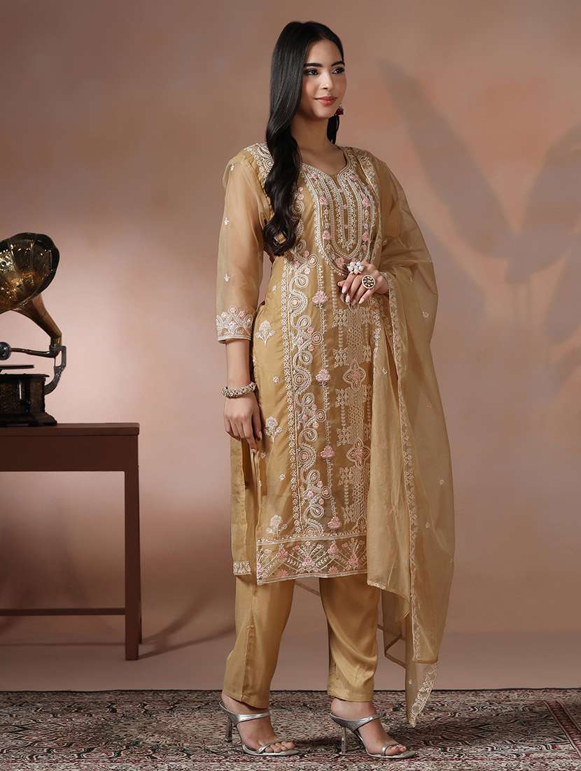 women solid with work three quarter sleeve kurta pant with dupatta set - 22324156 -  Standard Image - 2