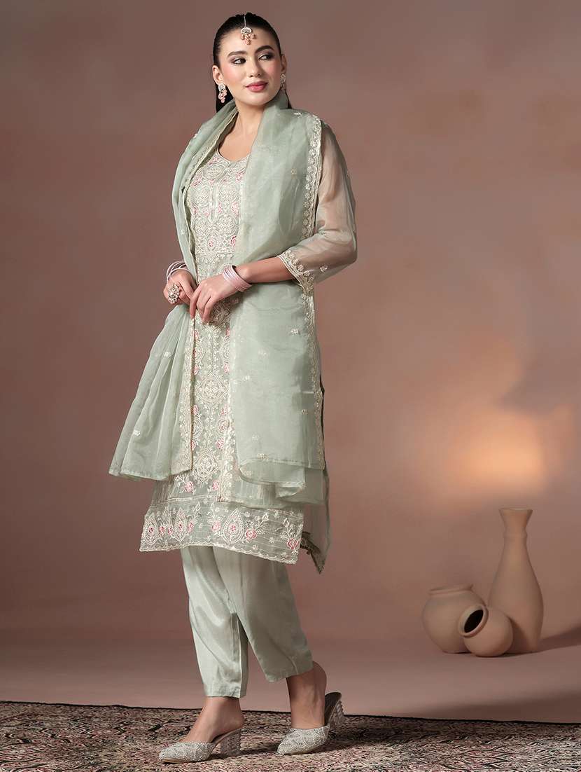 women solid with work three quarter sleeve kurta pant with dupatta set - 22324157 -  Standard Image - 2