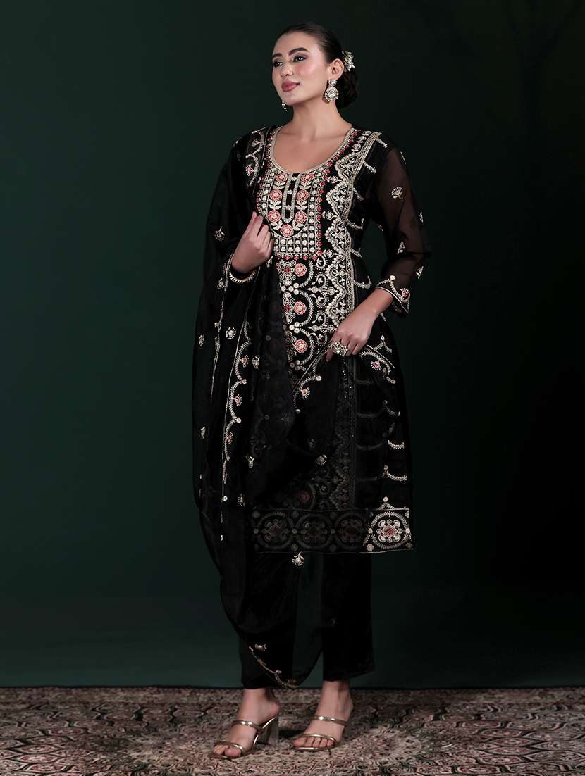 women solid with work three quarter sleeve kurta pant with dupatta set - 22324158 -  Standard Image - 2