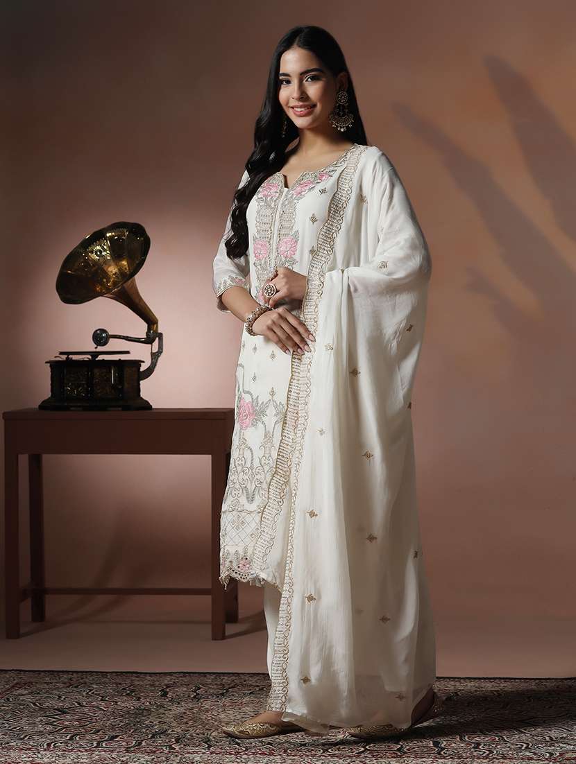 women solid with work three quarter sleeve kurta pant with dupatta set - 22324159 -  Standard Image - 2