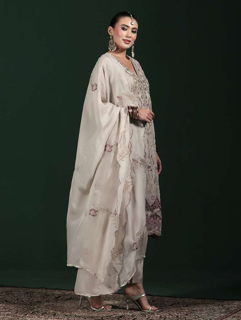 Women Solid With Work Three Quarter Sleeve Kurta Pant With Dupatta Set - 22324160 -  Standard Image - 2