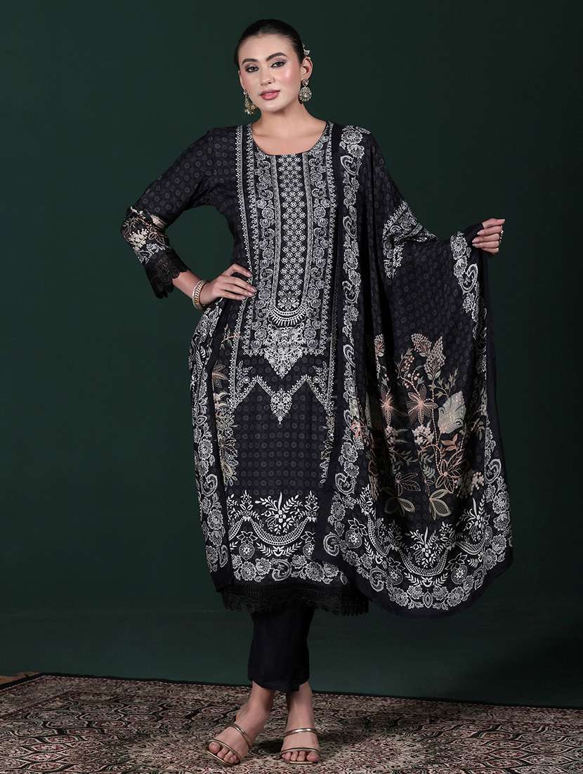 women printed round neck kurta pant with dupatta set