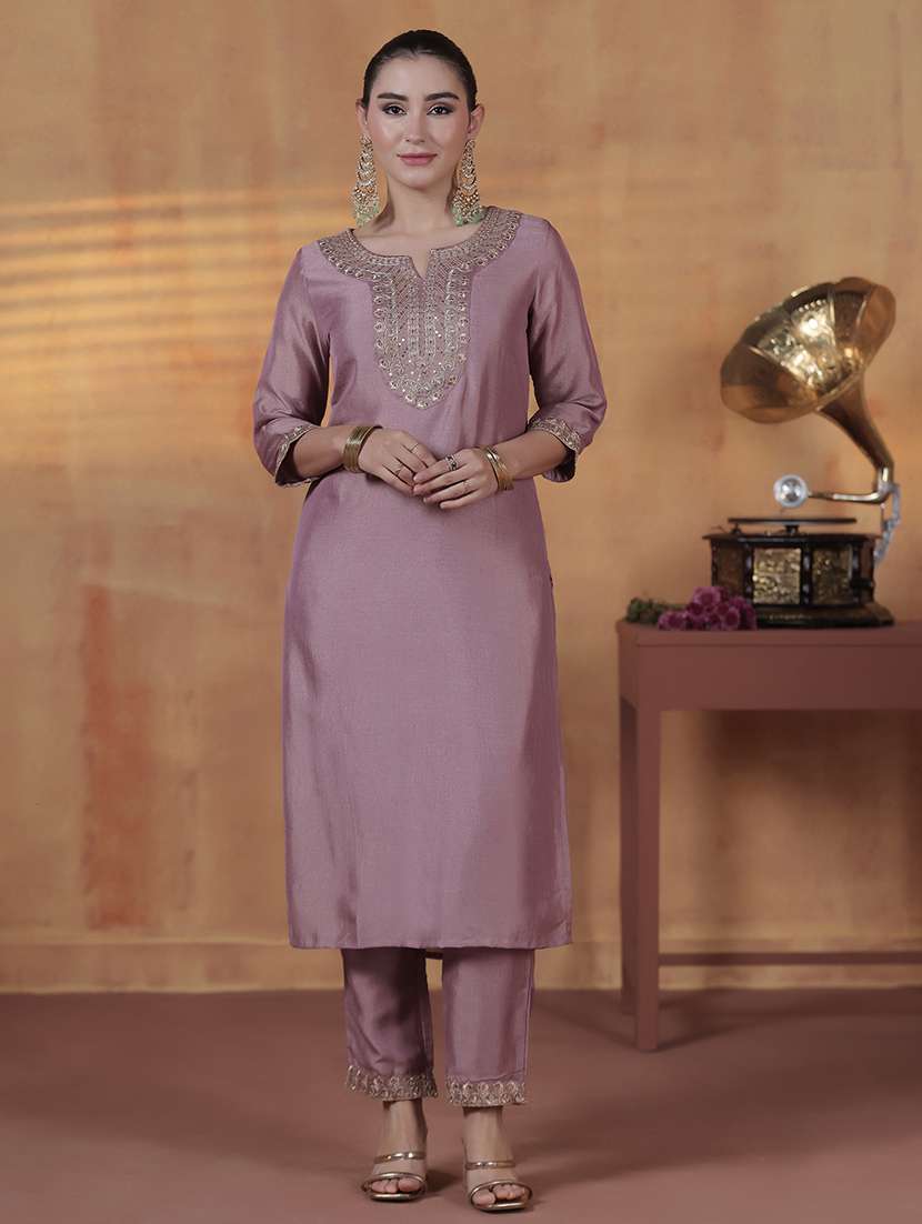 women solid with work three quarter sleeve kurta pant with dupatta set - 22324167 -  Standard Image - 2