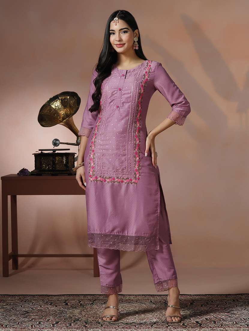 women solid with work three quarter sleeve kurta pant with dupatta set - 22324168 -  Standard Image - 2