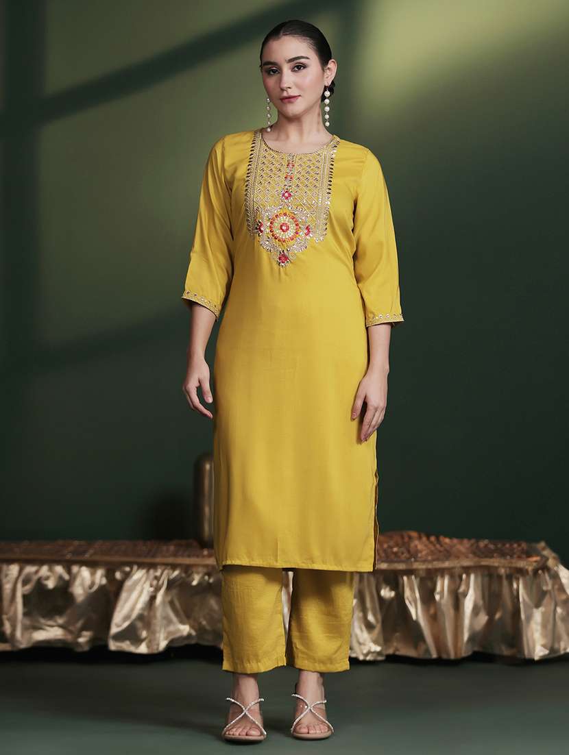 women solid with work three quarter sleeve kurta pant with dupatta set - 22324170 -  Standard Image - 2