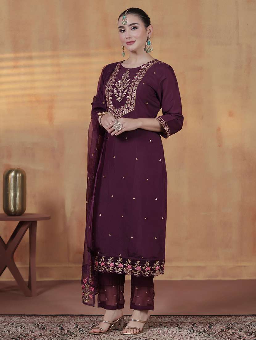 women solid with work three quarter sleeve kurta pant with dupatta set - 22324171 -  Standard Image - 2