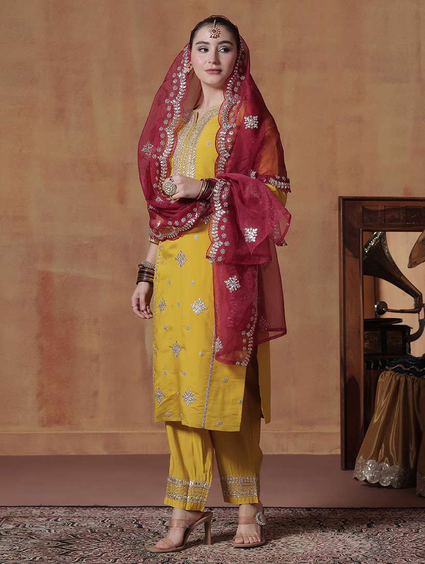 women solid with work three quarter sleeve kurta pant with dupatta set - 22324172 -  Standard Image - 2
