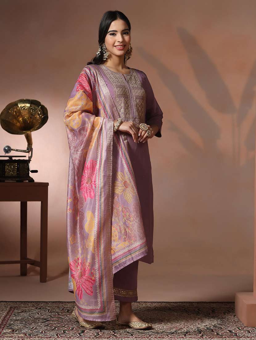 women solid with work three quarter sleeve kurta pant with dupatta set - 22324173 -  Standard Image - 2