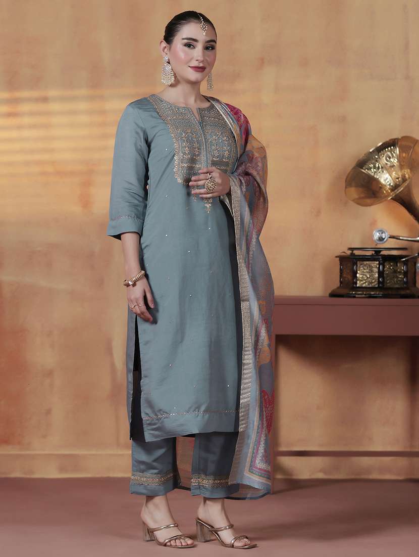 Women Solid With Work Three Quarter Sleeve Kurta Pant With Dupatta Set - 22324174 -  Standard Image - 2
