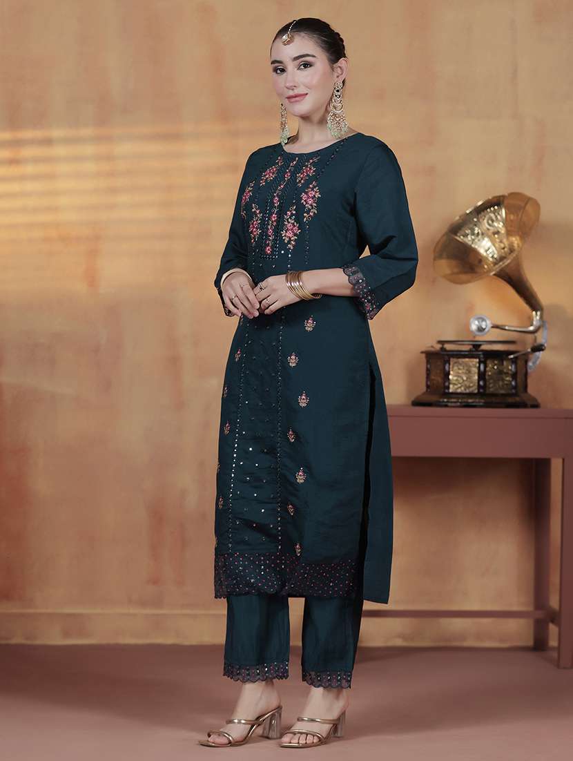 women solid with work three quarter sleeve kurta pant with dupatta set - 22324176 -  Standard Image - 2