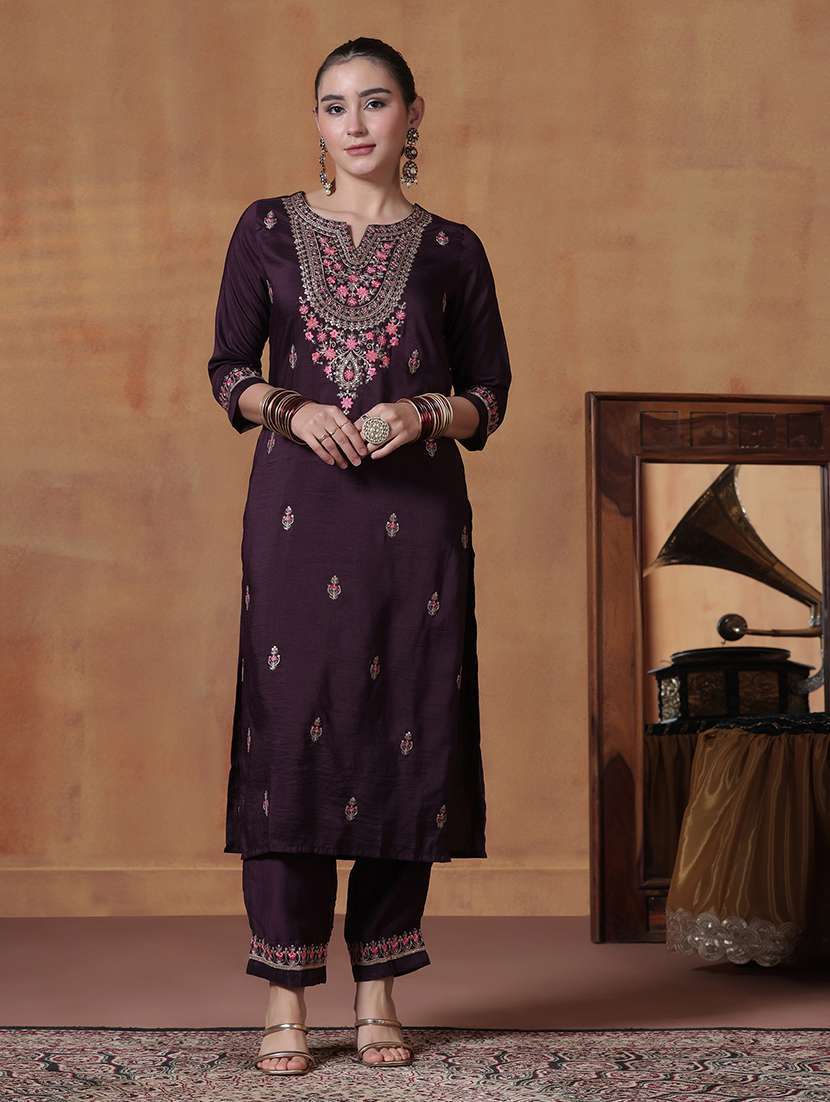 women solid with work three quarter sleeve kurta pant with dupatta set - 22324180 -  Standard Image - 2