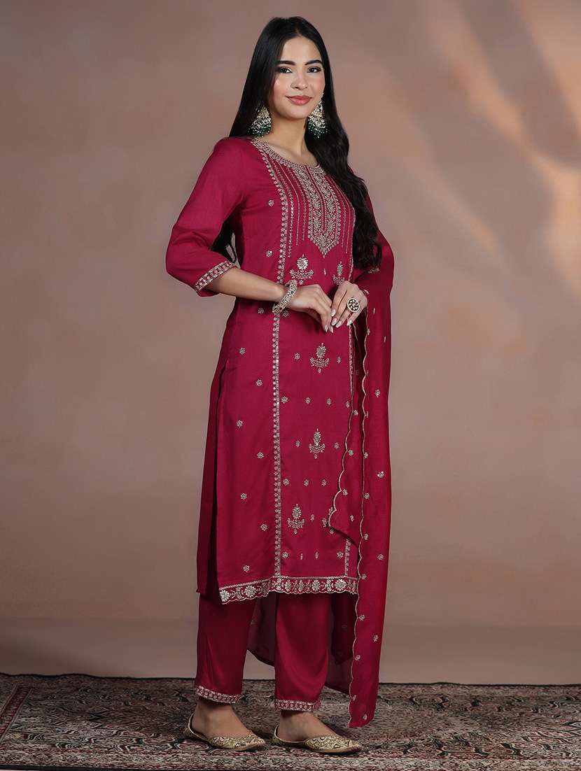 women solid with work three quarter sleeve kurta pant with dupatta set - 22324181 -  Standard Image - 2