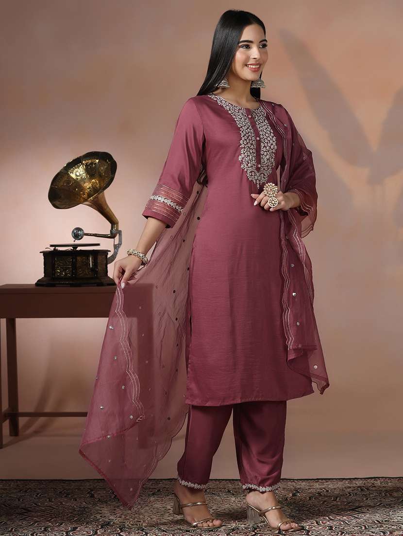 women solid with work three quarter sleeve kurta pant with dupatta set - 22324187 -  Standard Image - 2