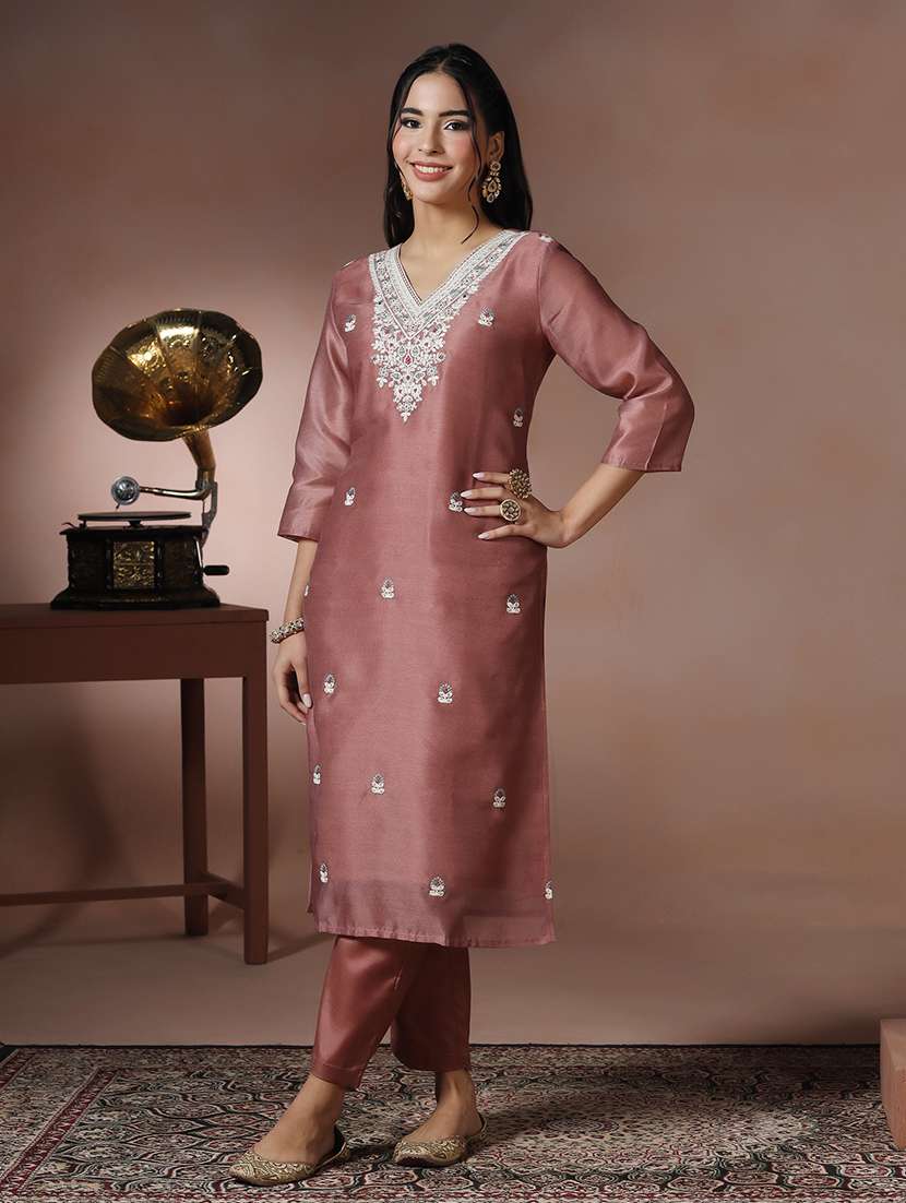 women solid with work three quarter sleeve kurta pant with dupatta set - 22324188 -  Standard Image - 2