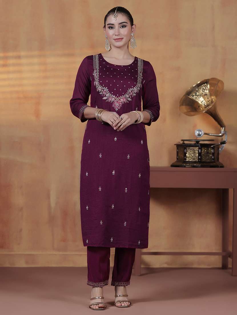 women solid with work three quarter sleeve kurta pant with dupatta set - 22324192 -  Standard Image - 2