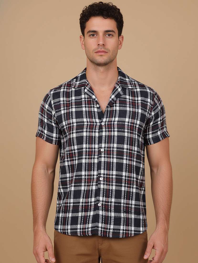men checkered short sleeve regular fit casual shirt