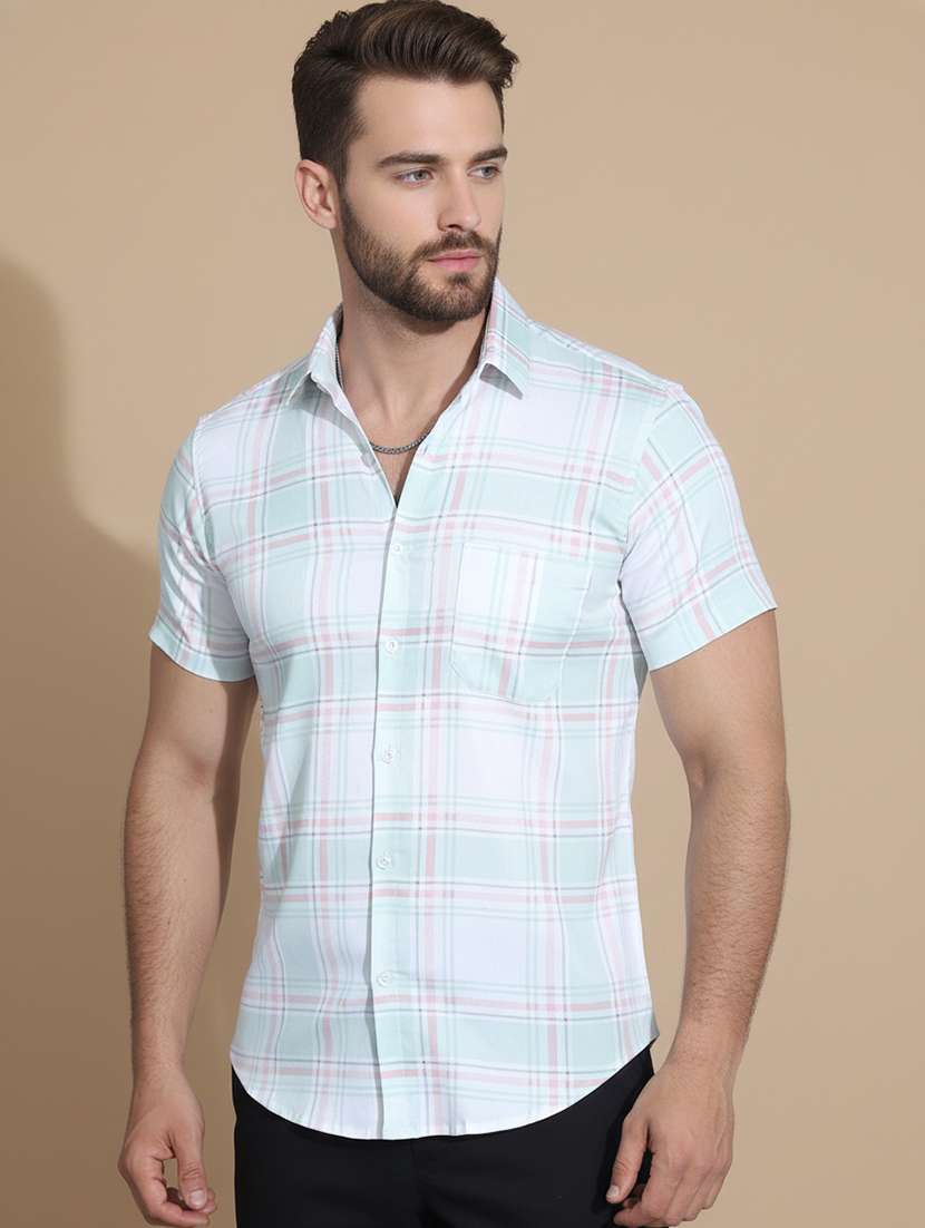 men checkered short sleeve regular fit casual shirt