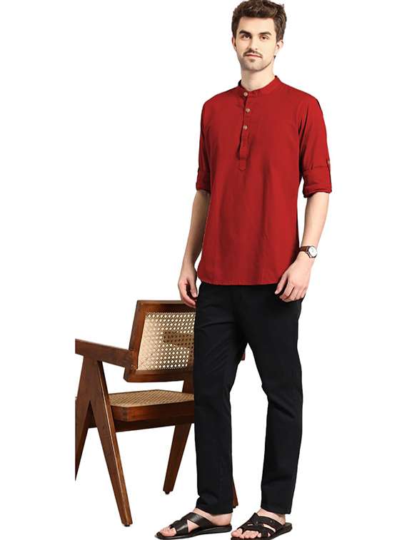 men solid mandarin neck short kurta - 22325311 -  Standard Image - 2
