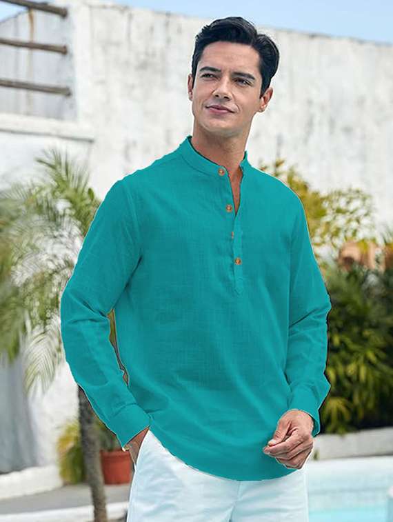 men solid mandarin neck short kurta - 22325430 -  Standard Image - 2